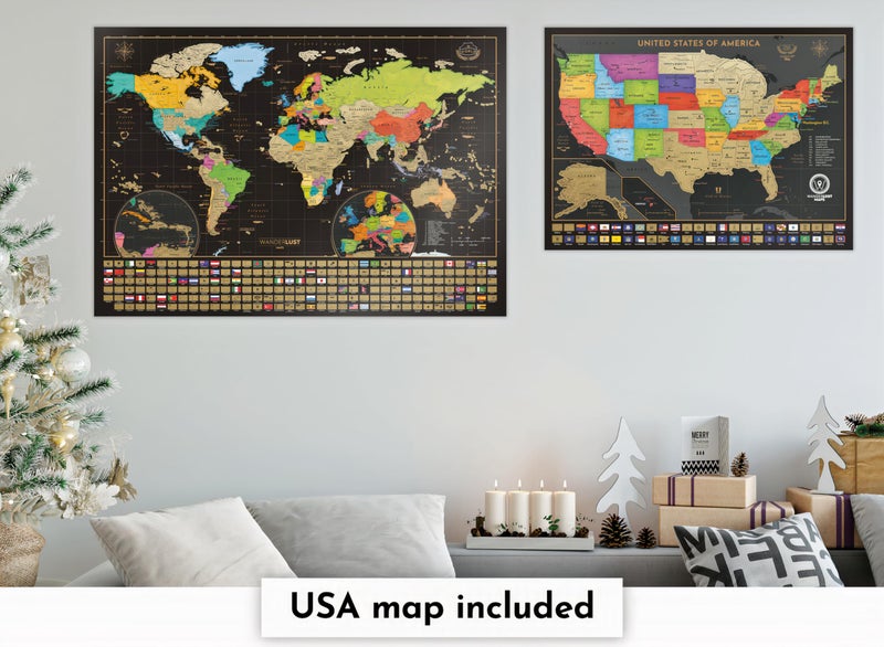 W WANDERLUST MAPS Two Scratch-Off Maps: World Map 17x24" + USA Map - Deluxe Travel Posters - Colorful Countries, US States, and Flags - Easy Scratch-Off Maps with Accessories for Travel Lovers - Name Tag Gift Box - Image 2